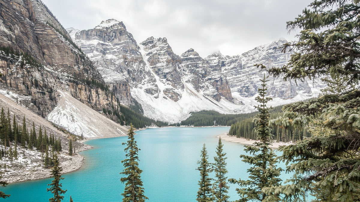 Lake with snow-capped mountains and evergreen trees